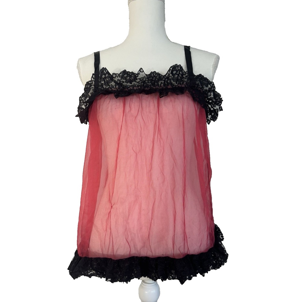 2 Pc Red/  Black Lace Trimmed Sheer Babydoll & Matching bottoms -S/M  Whimsygoth